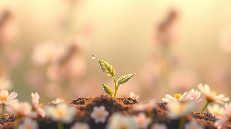 Mózg w ogrodzie: delikatny pęd, malutka kropla wody, pastelowe kwiaty, podkreślające powolny wzrost.