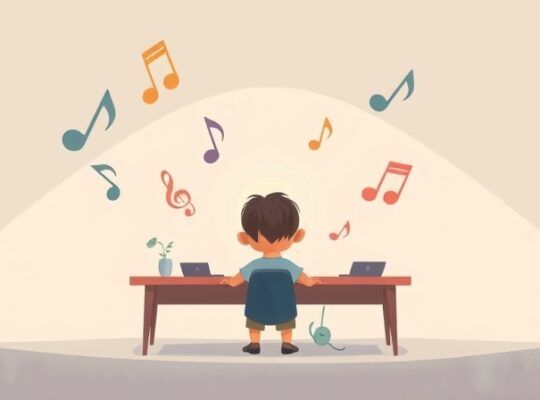 Muzyka klasyczna i koncentracja: abstrakcja nut i wyciszona postać.