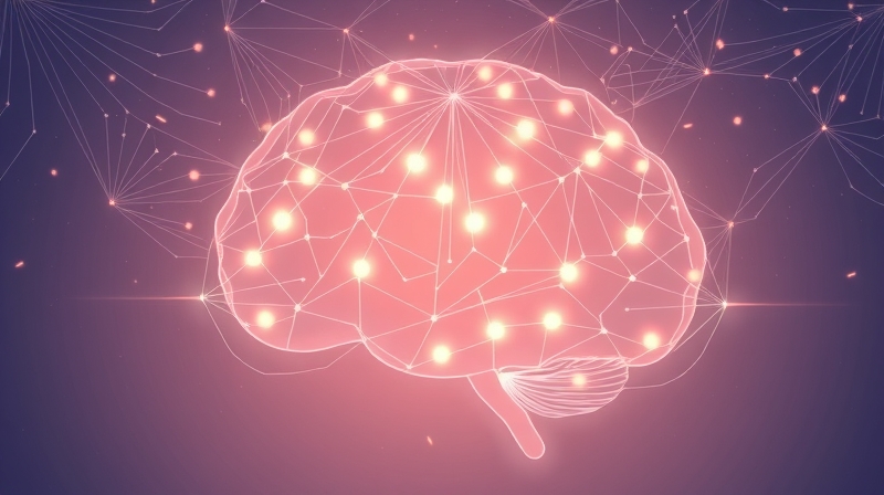 Stylizowana ilustracja: sieć mózgowa od skromnego do w pełni aktywnego, pastelowa, czarująca.