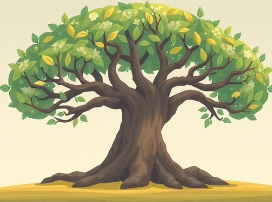 Drzewo z korzeniami i ewoluującymi liśćmi, metafora rozwoju osobowości w czasie.