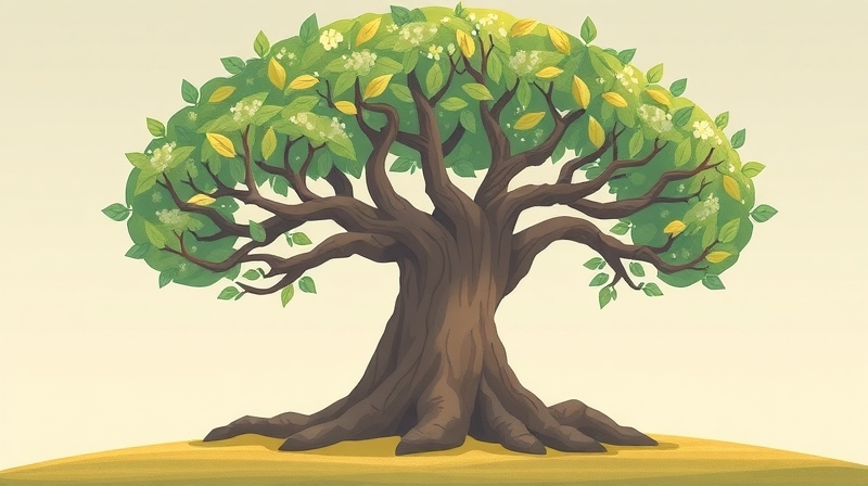 Drzewo z korzeniami i ewoluującymi liśćmi, metafora rozwoju osobowości w czasie.