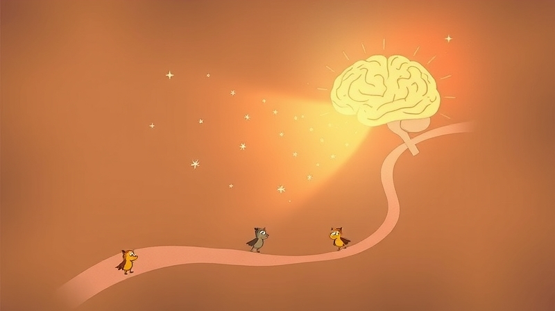 Oś jelitowo-mózgowa: probiotyczne cząstki łączą spokojny mózg z jelitami w pastelowej, kojącej ilustracji.