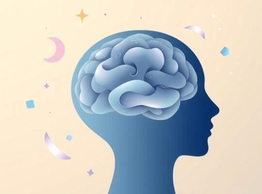 Stylizowana głowa z wirującą substancją, symbolizująca regenerację mózgu podczas snu.