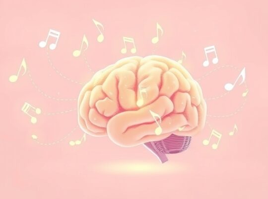 Stylizowany, pastelowy mózg połączony z subtelnym blaskiem emanującym z nut muzycznych.