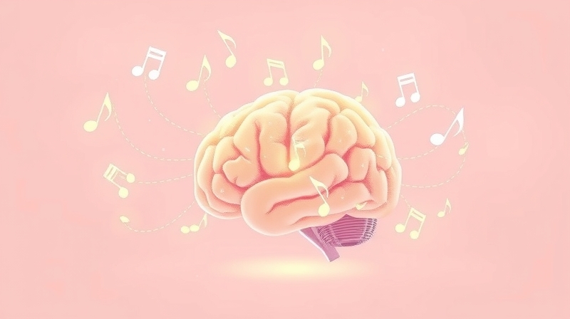 Stylizowany, pastelowy mózg połączony z subtelnym blaskiem emanującym z nut muzycznych.