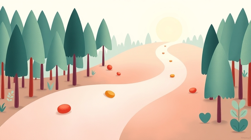 Złote światło na szczycie wzgórza po łagodnej, kamienistej ścieżce przez las.