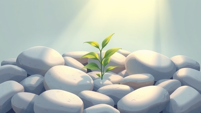Delikatna roślina przebija się przez kamienie, symbolizując odporność na stres.