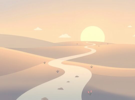 Ścieżka uspokojenia prowadzi przez krajobraz, od chmur stresu do słonecznego dobrostanu.