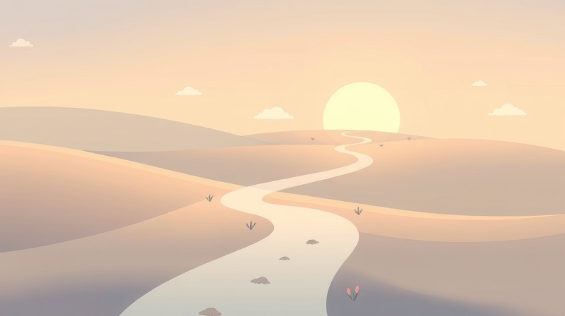 Ścieżka uspokojenia prowadzi przez krajobraz, od chmur stresu do słonecznego dobrostanu.