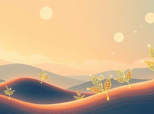 Subtelne połączenie składników odżywczych z elementami spokoju w pastelowej, symbolicznej ilustracji.