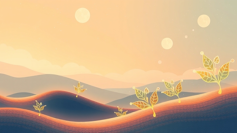 Subtelne połączenie składników odżywczych z elementami spokoju w pastelowej, symbolicznej ilustracji.