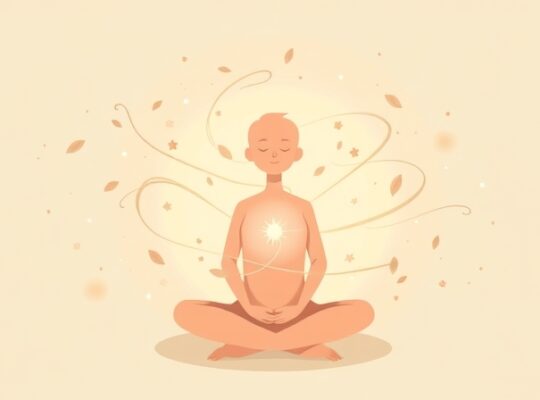 Spokojna postać wydychająca uspokajające, świetliste, roślinne formy rozpraszające niepokój.