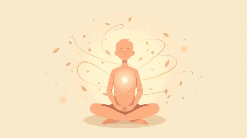 Spokojna postać wydychająca uspokajające, świetliste, roślinne formy rozpraszające niepokój.