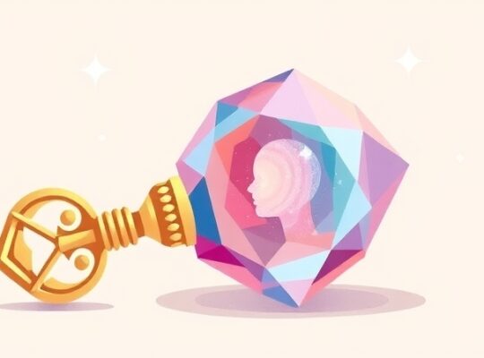 Pastelowa ilustracja klucza otwierającego wielowymiarowy klejnot symbolizujący osobowość.