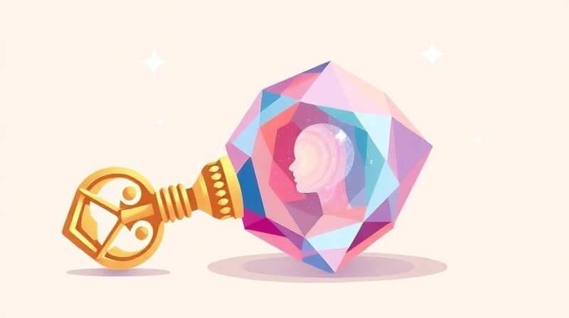 Pastelowa ilustracja klucza otwierającego wielowymiarowy klejnot symbolizujący osobowość.