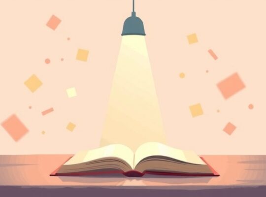 Promień światła oświetla książkę otoczoną rozmytymi, kolorowymi kształtami, symbolizując skupienie i rozproszenie.