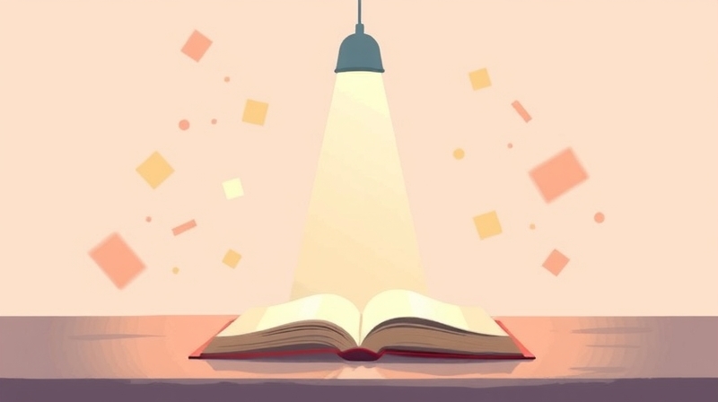 Promień światła oświetla książkę otoczoną rozmytymi, kolorowymi kształtami, symbolizując skupienie i rozproszenie.