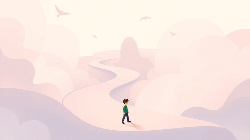 Ścieżka przez pastelową mgłę, z ukrytymi kształtami symbolizującymi lęki.