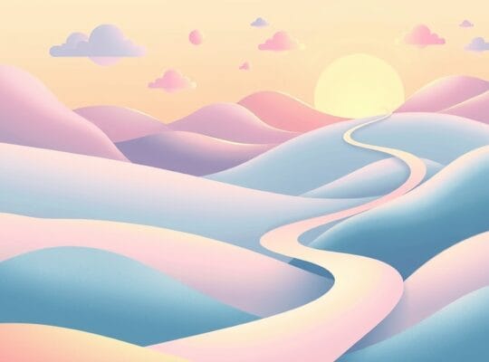 Surrealistyczna ścieżka myśli, wartości i uczuć, prowadząca ku światłu.