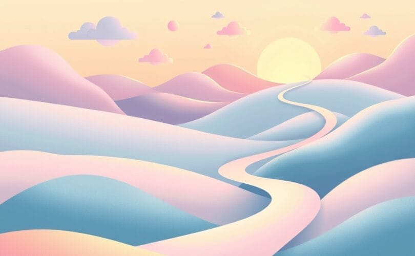 Surrealistyczna ścieżka myśli, wartości i uczuć, prowadząca ku światłu.