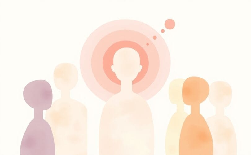 Abstrakcyjne postacie z różnobarwnymi aurami, ilustrujące różnice w poglądach.