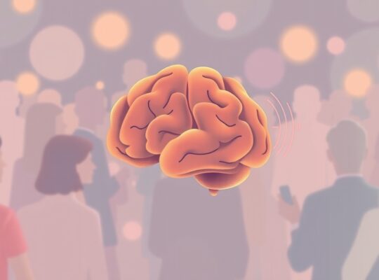 Mózg skupiony na wybranej rozmowie w pastelowym, abstrakcyjnym tle dźwięków.
