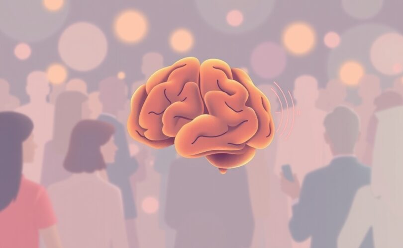 Mózg skupiony na wybranej rozmowie w pastelowym, abstrakcyjnym tle dźwięków.