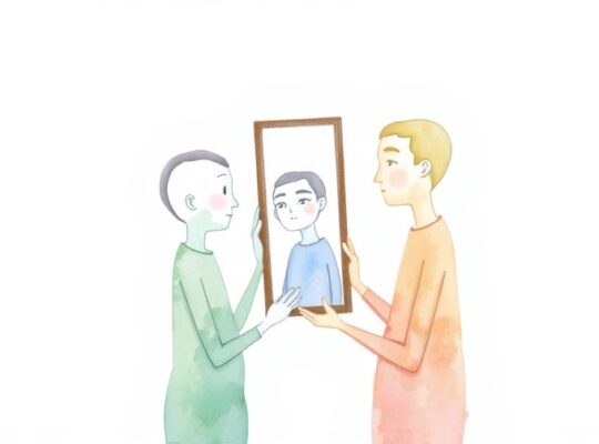 Watercolorowa ilustracja dwóch abstrakcyjnych postaci, jedna odbijająca się w lustrze.