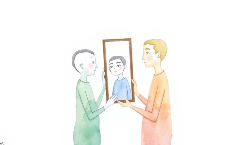 Watercolorowa ilustracja dwóch abstrakcyjnych postaci, jedna odbijająca się w lustrze.