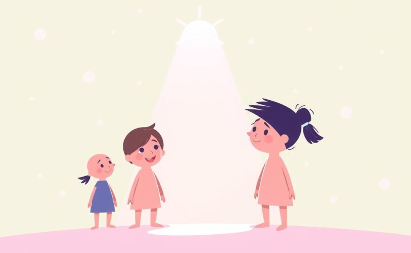 Stylizowane postacie patrzące na centralną, świecącą postać, symbolizujące dowód społeczny.