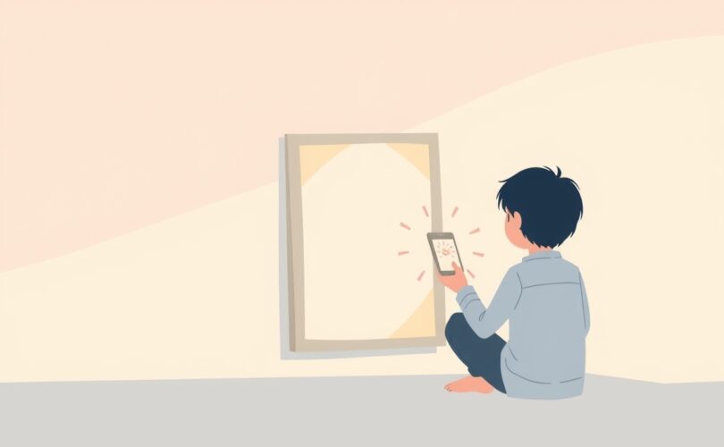 Abstrakcyjna ilustracja postaci obserwującej swoje odbicie w działaniach, w delikatnych pastelowych barwach.