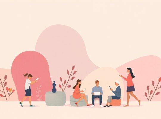 Abstrakcyjna ilustracja pastelowymi kolorami porządkująca symbole, symbolizująca kategoryzację społeczną.