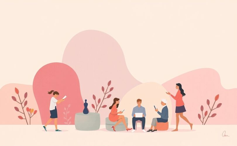 Abstrakcyjna ilustracja pastelowymi kolorami porządkująca symbole, symbolizująca kategoryzację społeczną.