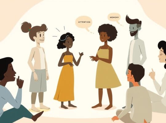 Abstrakcyjne postacie uczące się i obserwujące w pastelowej, sennej przestrzeni.