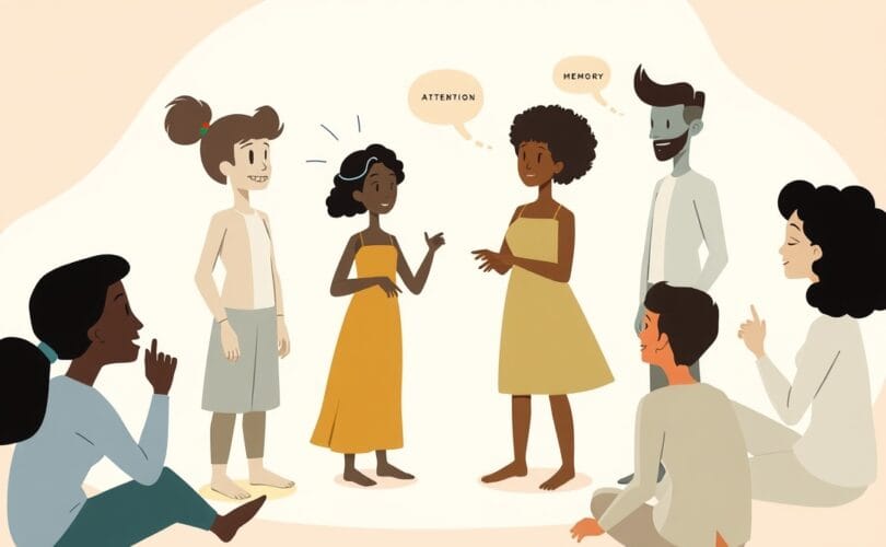 Abstrakcyjne postacie uczące się i obserwujące w pastelowej, sennej przestrzeni.