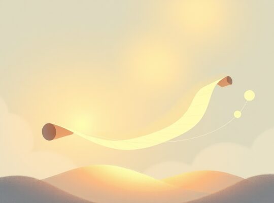 Ilustracja pastelowa: świetlisty zwój opowieści, subtelne kształty, ścieżki snujące się w spokojnej atmosferze.