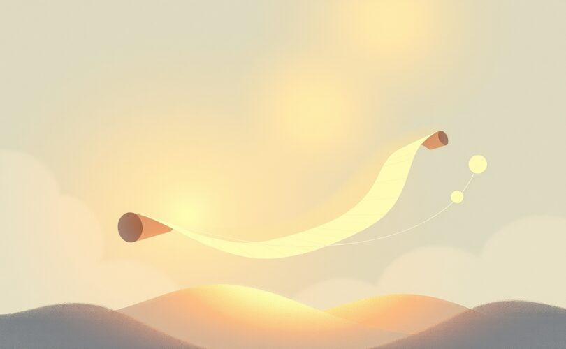 Ilustracja pastelowa: świetlisty zwój opowieści, subtelne kształty, ścieżki snujące się w spokojnej atmosferze.