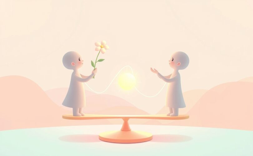 Delikatna wymiana: postacie oferują i otrzymują symboliczne przedmioty na poetyckiej skali.