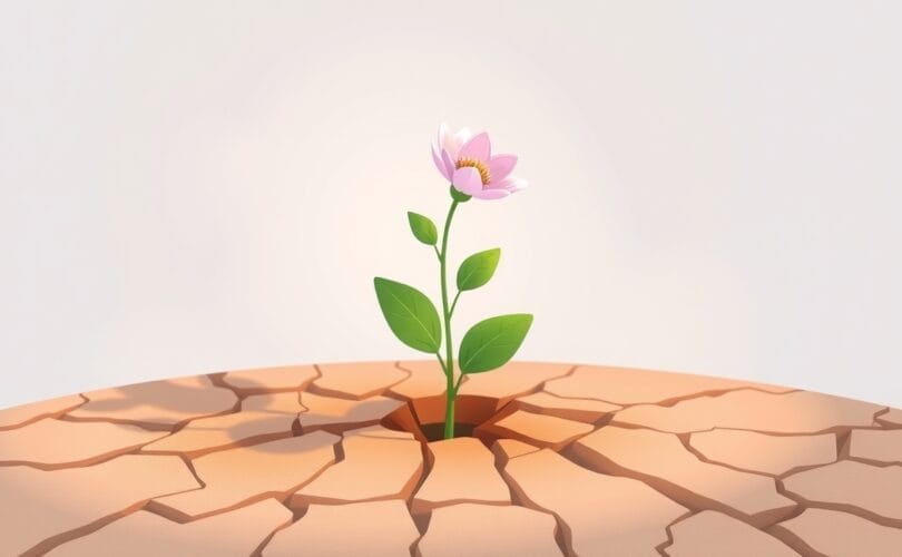 Delikatny kwiat wyrasta z pękniętej ziemi, symbolizując uzdrowienie i odnalezienie siebie po trudach.