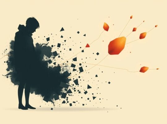 Rozpadająca się postać wśród organicznych, ciepłych kształtów symbolsujące nadzieję.