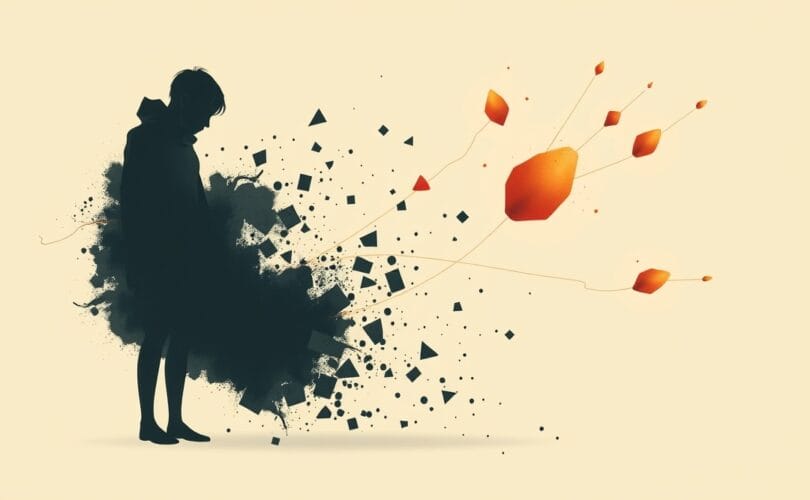 Rozpadająca się postać wśród organicznych, ciepłych kształtów symbolsujące nadzieję.