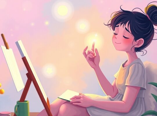 Osoba spokojnie oddana twórczości, otoczona pastelowym światłem.