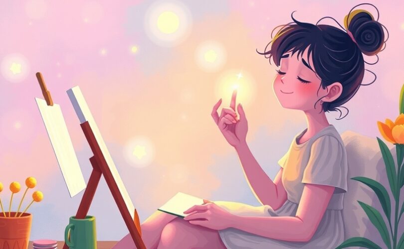 Osoba spokojnie oddana twórczości, otoczona pastelowym światłem.