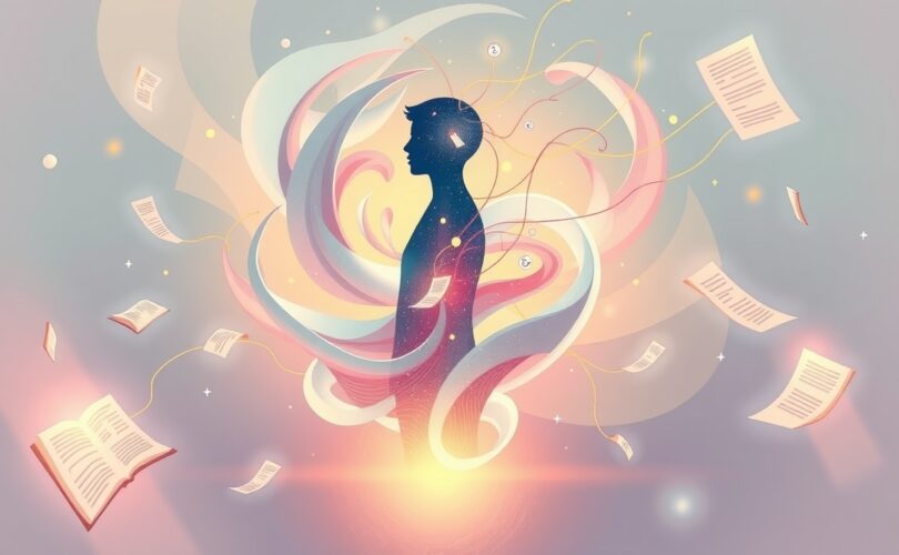 Abstrakcyjna sylwetka z mgławic i symboli myśli, otoczona przez przygaszone detale kreatywności.