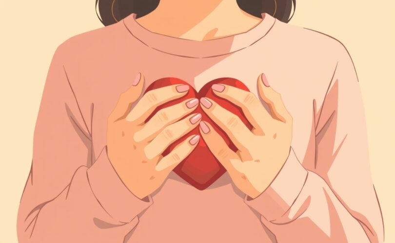 Osoba ostrożnie osłania serce dłońmi, otoczona pastelową, łagodną aurą.