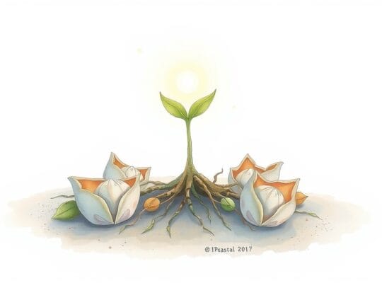 Delikatna ilustracja akwarelowa: kiełkujące nasiono i otwarte strąki, symbolizujące łagodny wpływ i połączenie.