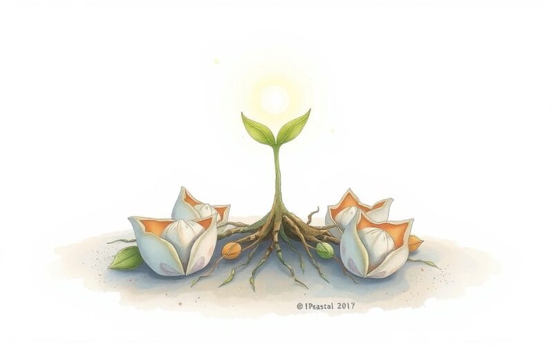 Delikatna ilustracja akwarelowa: kiełkujące nasiono i otwarte strąki, symbolizujące łagodny wpływ i połączenie.