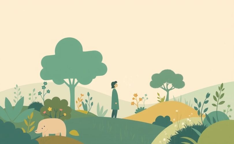 Sylwetka człowieka stapiająca się z przyrodą, symbolizująca potrzebę kontaktu z naturą.