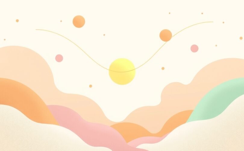 Delikatna ilustracja pastelowa, złota kula otoczona płynnymi kształtami, symbolizująca wdzięczność.