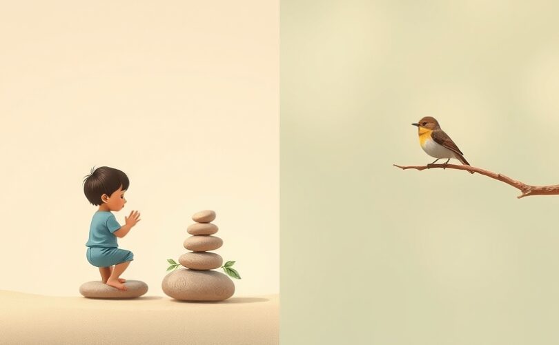 Dziecko bada wagę z kamieni i liści; ptak na gałęzi.